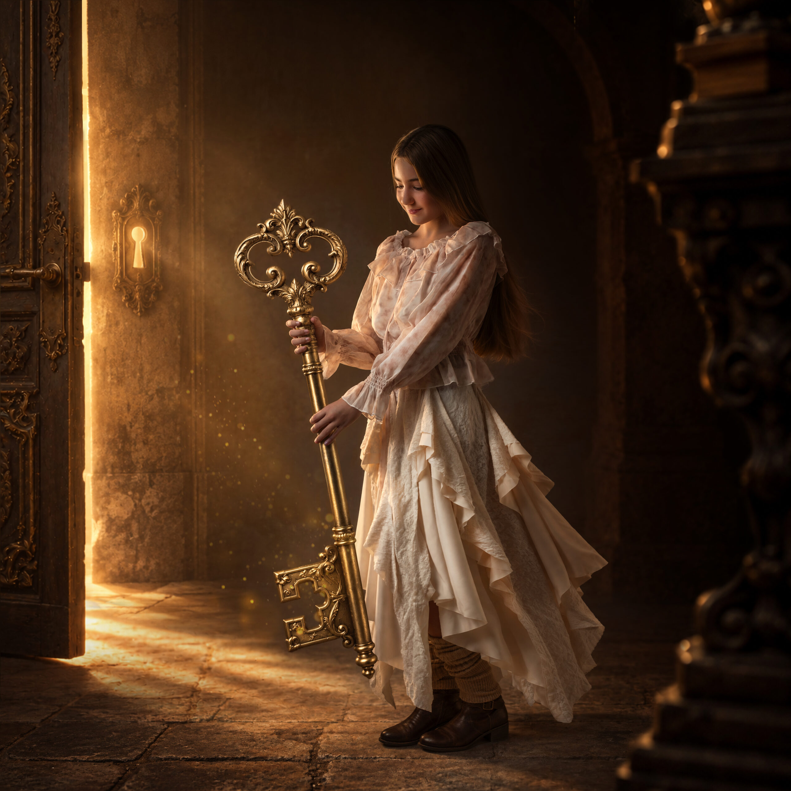 Sesión de fotos de Navidad en Sevilla con niña y llave dorada Fine Art